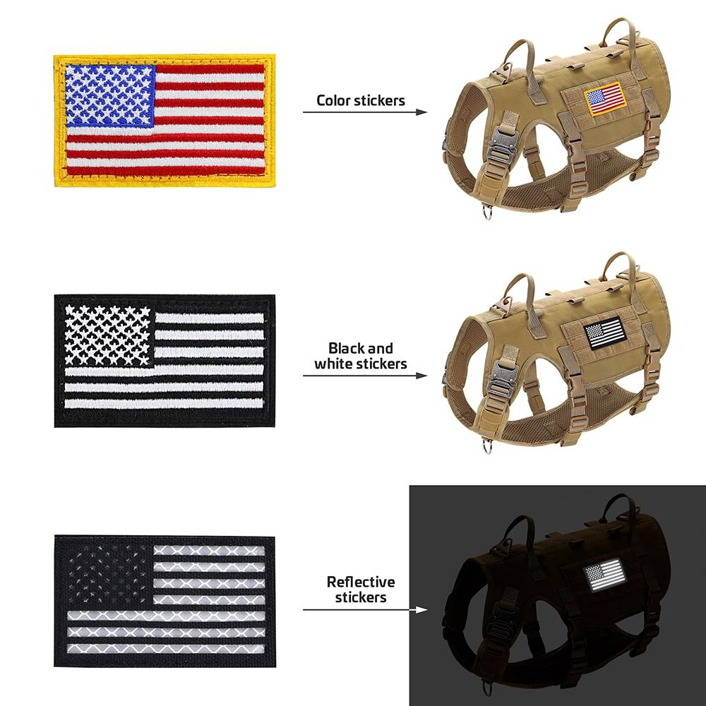 Durable Tactical Military Dog Harness in khaki color, featuring padded design, quick release buckle, and attached bags and flags.