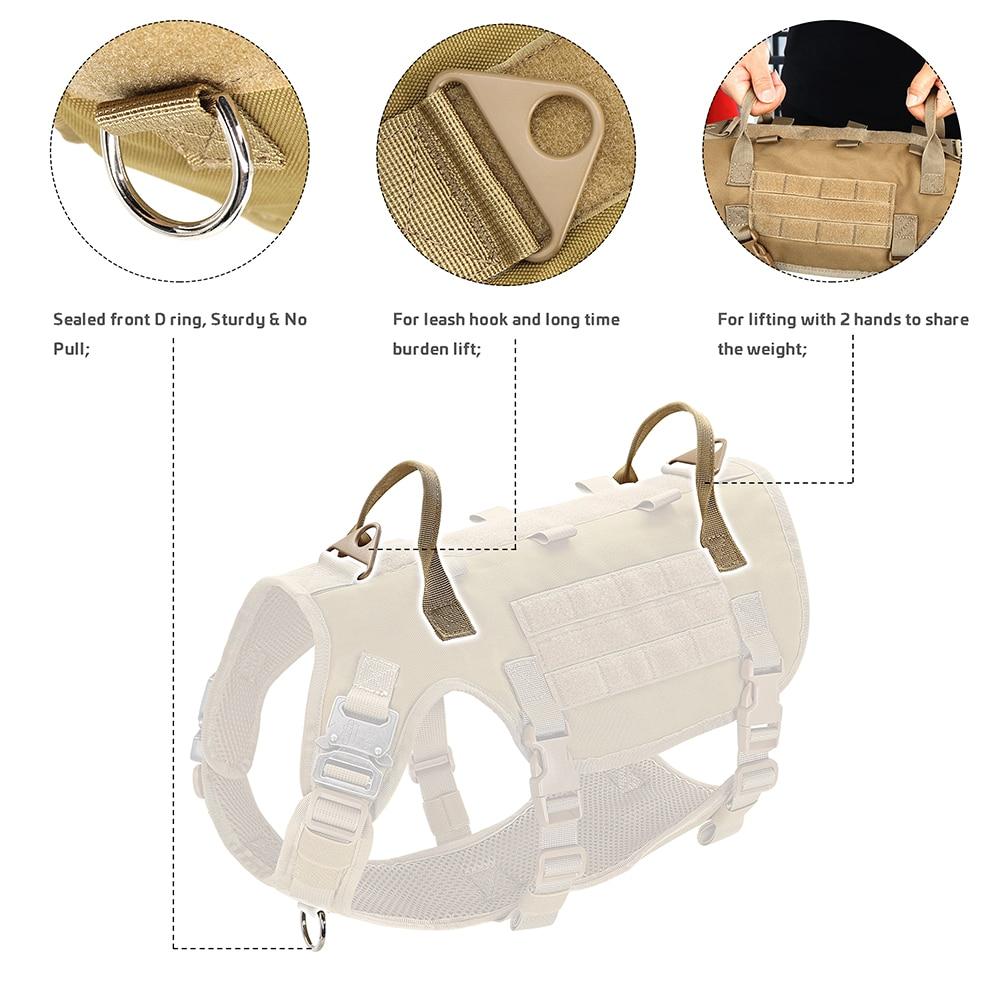 Durable Tactical Military Dog Harness in khaki color, featuring padded design, quick release buckle, and attached bags and flags.