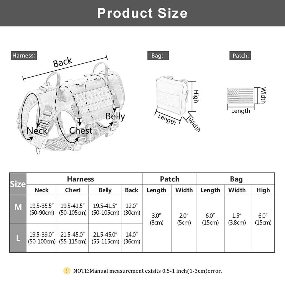 Durable Tactical Military Dog Harness in khaki color, featuring padded design, quick release buckle, and attached bags and flags.