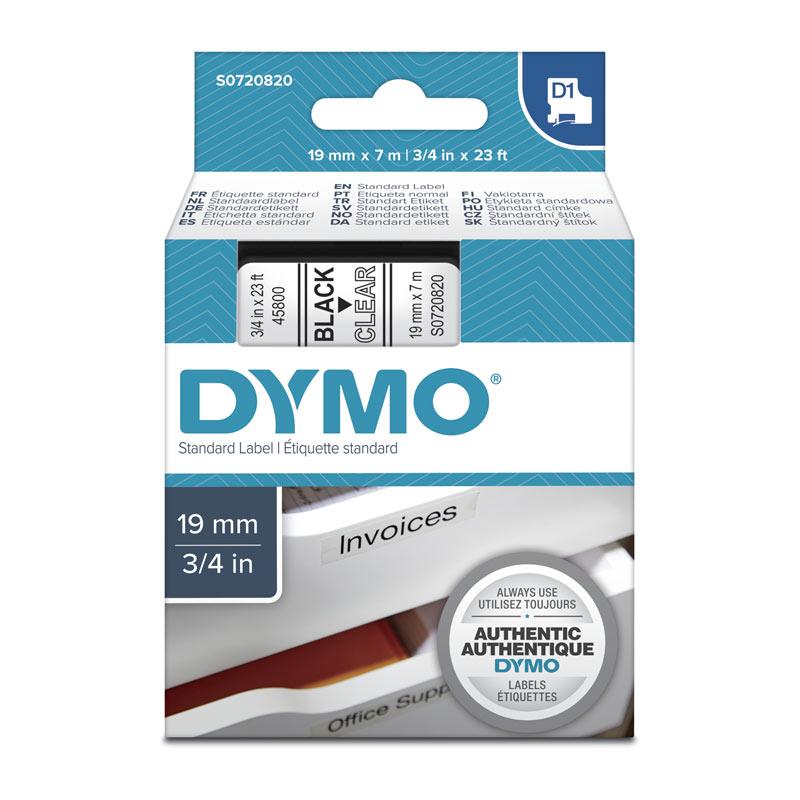 DYMO Black on Clear 19mmx7m Tape roll showcasing its clear background and black text, ideal for labeling.