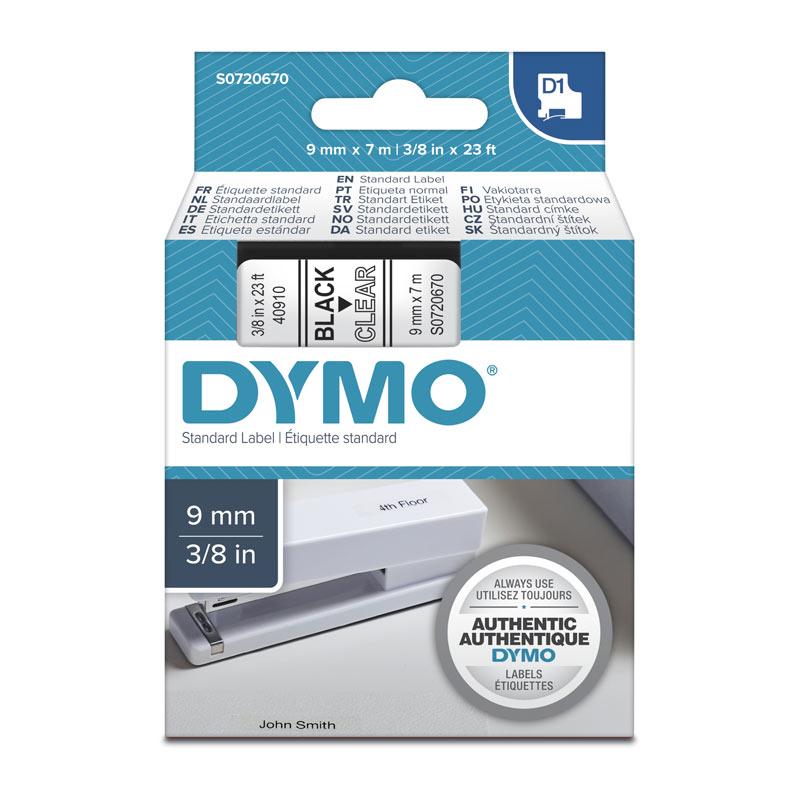DYMO Black on Clear 9mm x 7m Tape roll with clear background and black text, ideal for labeling.
