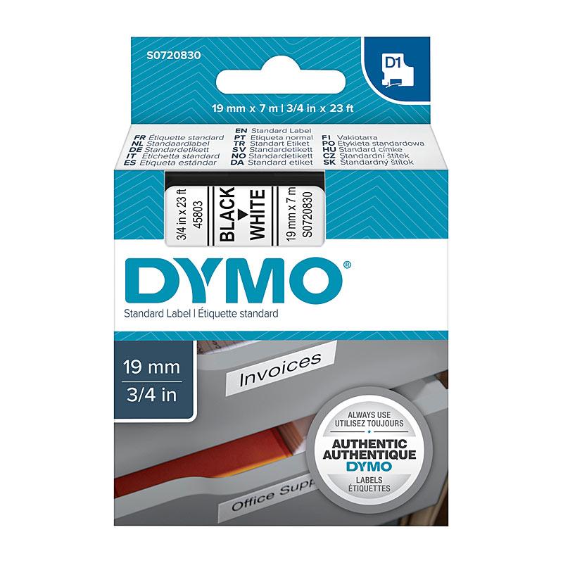 DYMO Black on White 19mmx7m Tape roll showcasing its premium quality and clear labeling capabilities.