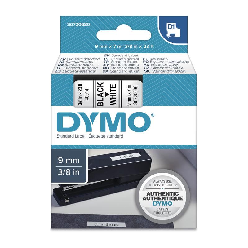 DYMO Black on White 9mm x 7m Tape roll, showcasing clear labels for various applications.