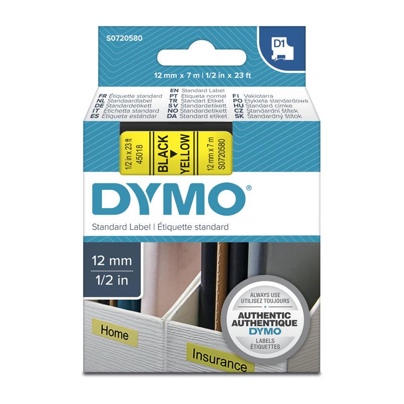 DYMO Black on Yellow 12mmx7m Tape roll with clear label design, ideal for POS stations.