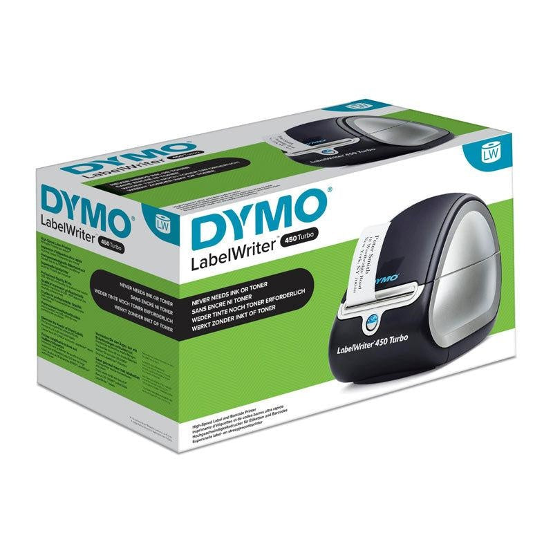 DYMO Label Writer Turbo Thermal Printer with labels, showcasing its compact design and automatic label recognition feature.