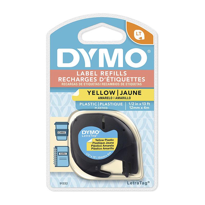 DYMO Light Plastic 12mm x 4m Yellow labels on a white background, showcasing their bright color and premium quality.