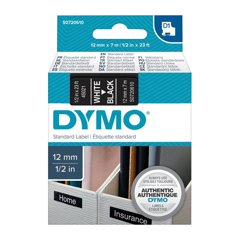 DYMO White on Black 12mmx7m Tape roll showcasing its sleek design and quality.