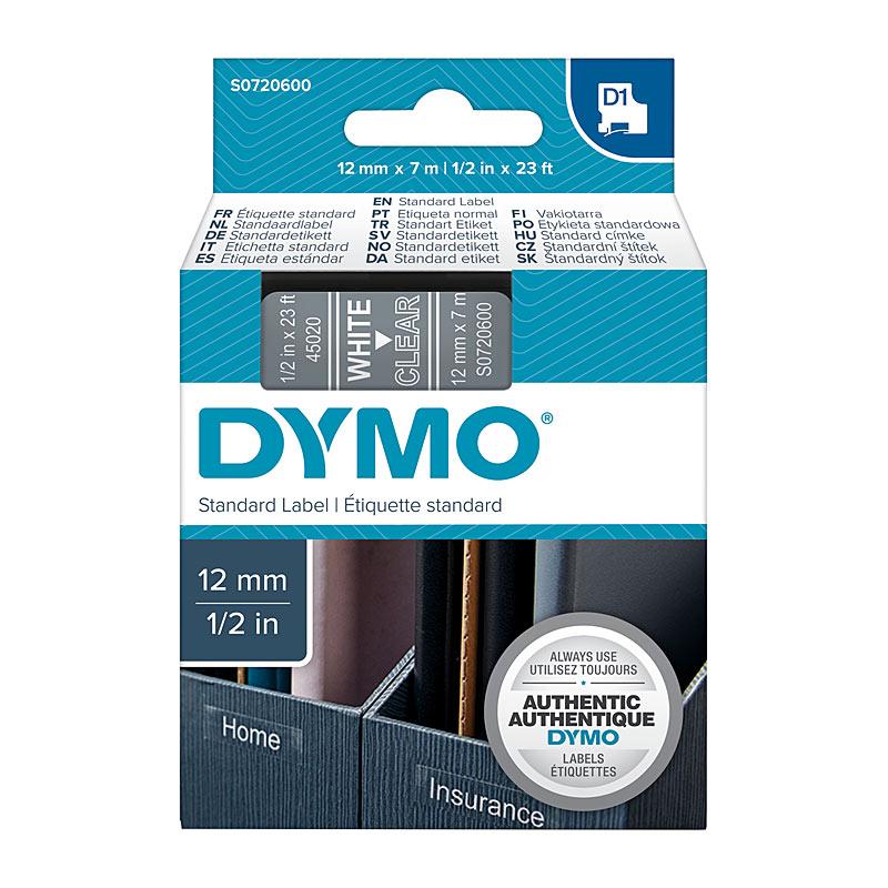 DYMO White on Clear 12mmx7m Tape roll with clear background and white text, ideal for labeling.