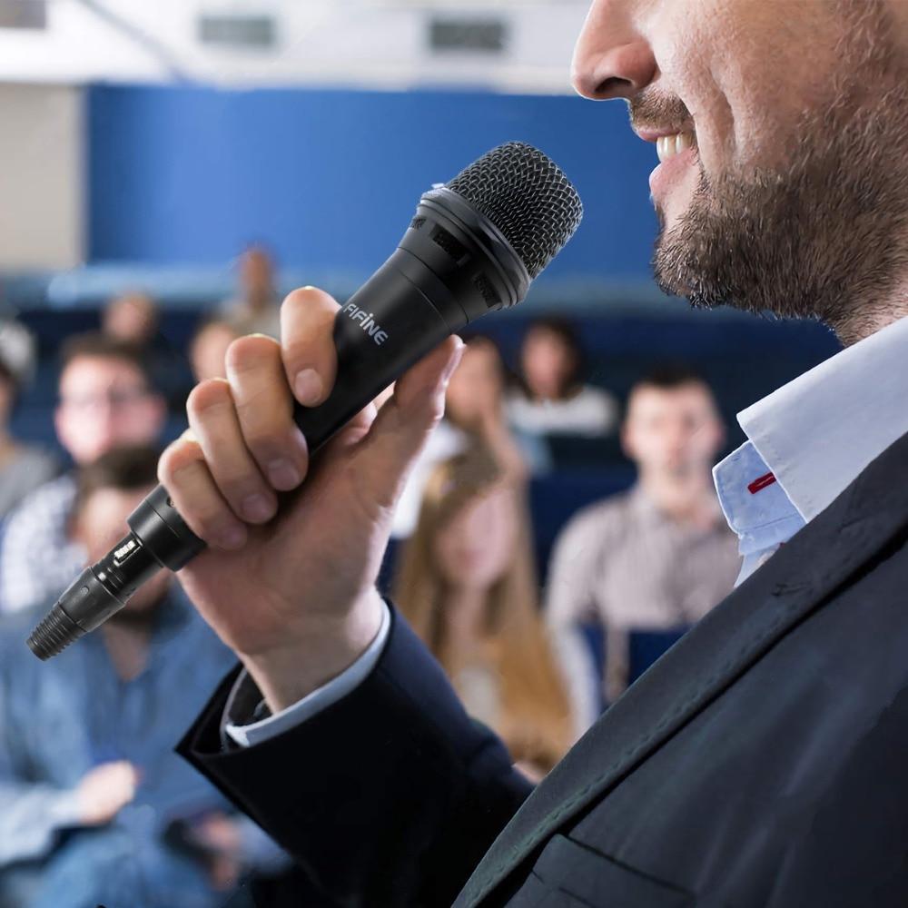 Dynamic Vocal Cardioid Handheld Microphone with On/Off Switch, ideal for teaching, karaoke, and live speeches, featuring a sleek design and durable build.