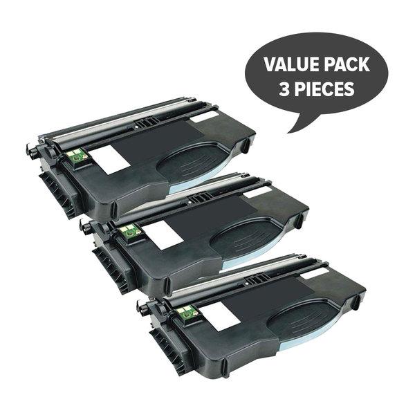Three E120 Premium Generic Laser Cartridges for Lexmark printers, showcasing their sleek design and packaging.