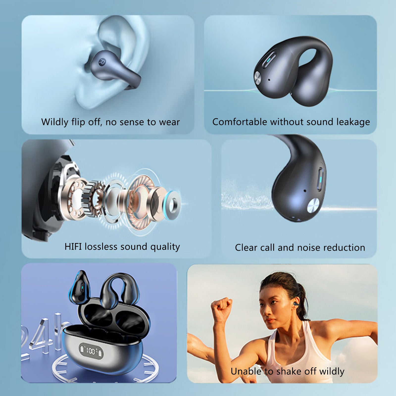 Ear-Clip Bluetooth 5.3 Stereo Earphones in black, showcasing waterproof design and ergonomic clip-on style for active use.