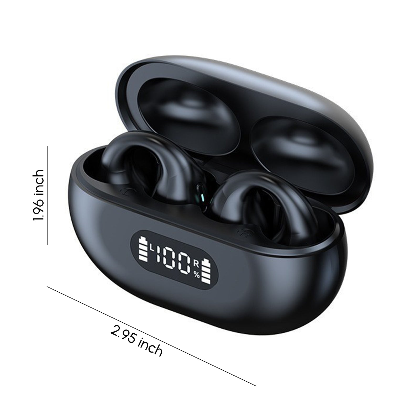 Ear-Clip Bluetooth 5.3 Stereo Earphones in black, showcasing waterproof design and ergonomic clip-on style for active use.