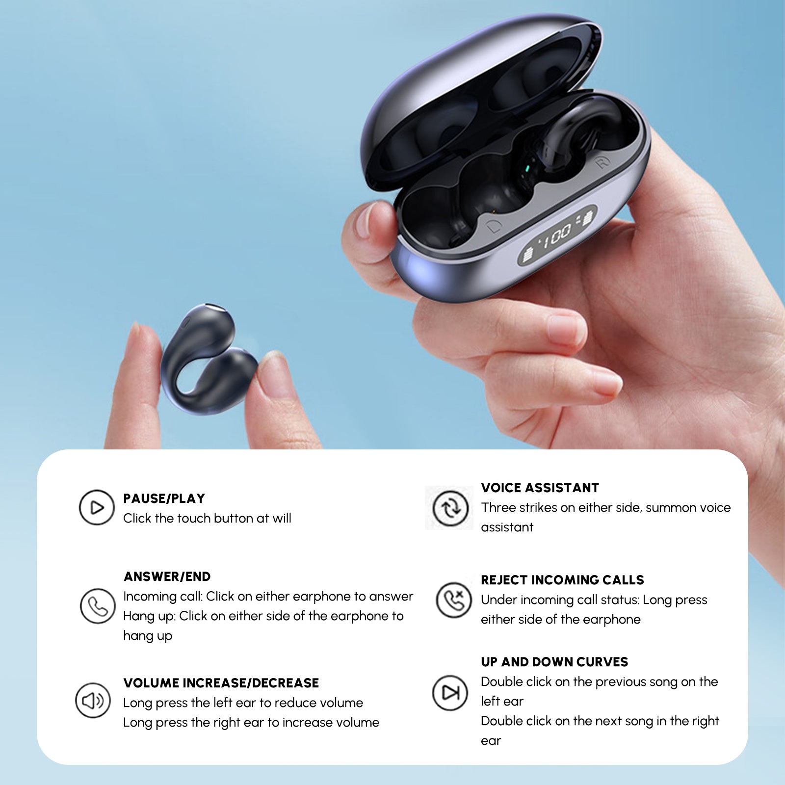 Ear-Clip Bluetooth 5.3 Stereo Earphones in black, showcasing waterproof design and ergonomic clip-on style for active use.