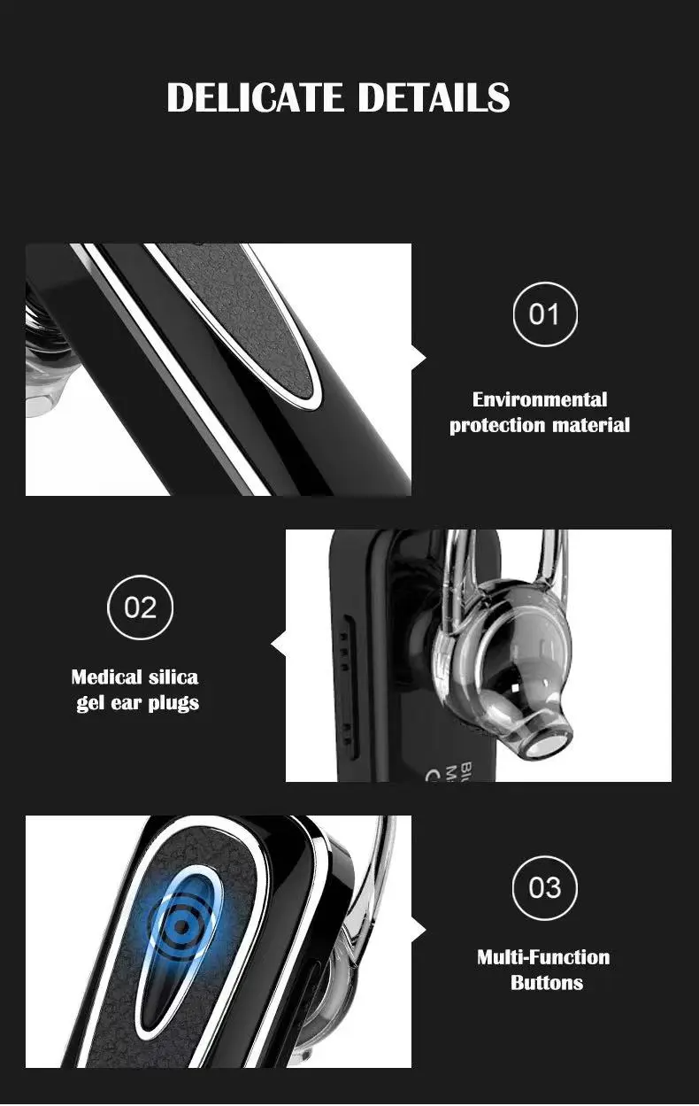 Earpiece Bluetooth Wireless Handsfree Driving Headset with adjustable earbud and microphone, designed for comfort and clarity during calls.