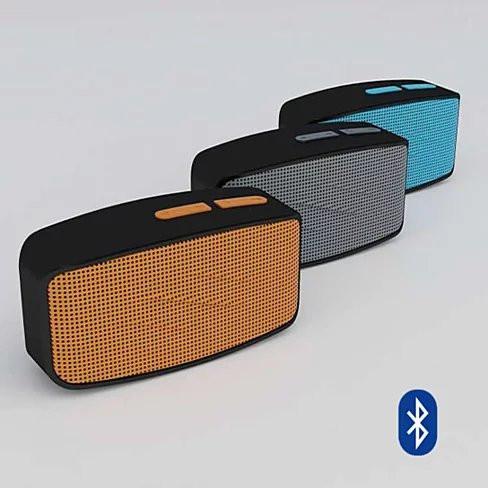 Easy Listener Bluetooth Speaker and MP3 player in bright colors, showcasing its compact design and built-in microphone.