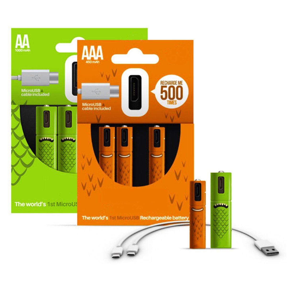 ECO Recharge 4 Pack AA and AAA USB rechargeable batteries with charging cable, showcasing eco-friendly design.