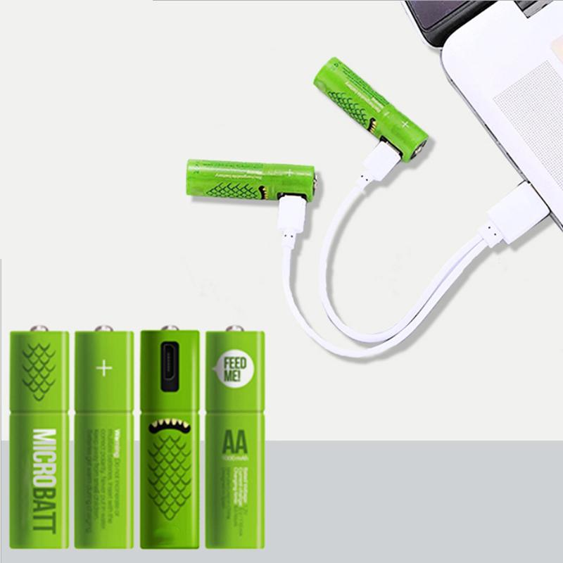 ECO Recharge 4 Pack AA and AAA USB rechargeable batteries with charging cable, showcasing eco-friendly design.