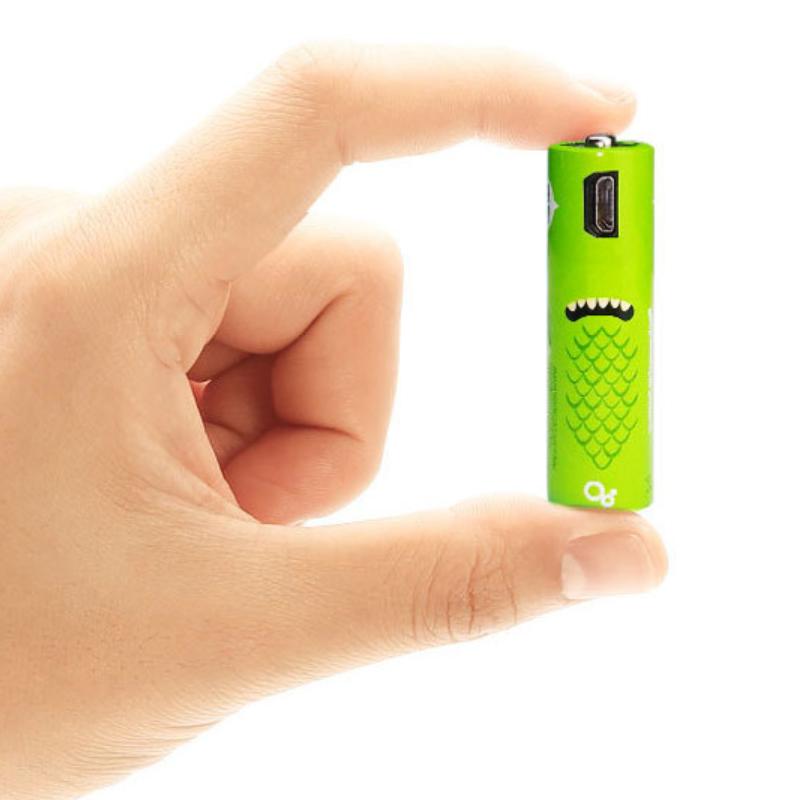 ECO Recharge 4 Pack AA and AAA USB rechargeable batteries with charging cable, showcasing eco-friendly design.