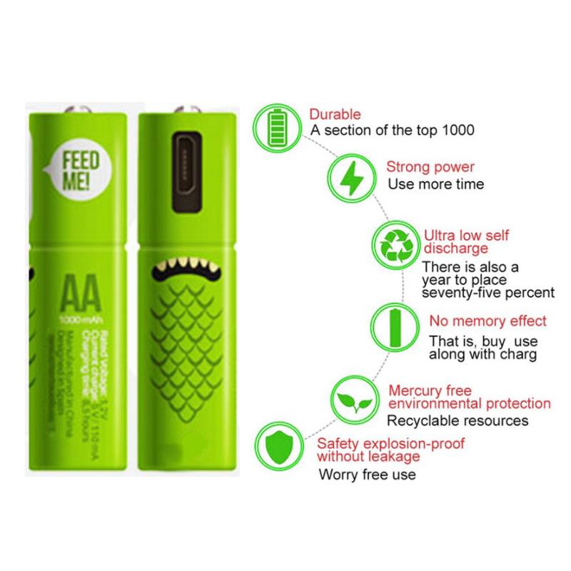 ECO Recharge 4 Pack AA and AAA USB rechargeable batteries with charging cable, showcasing eco-friendly design.