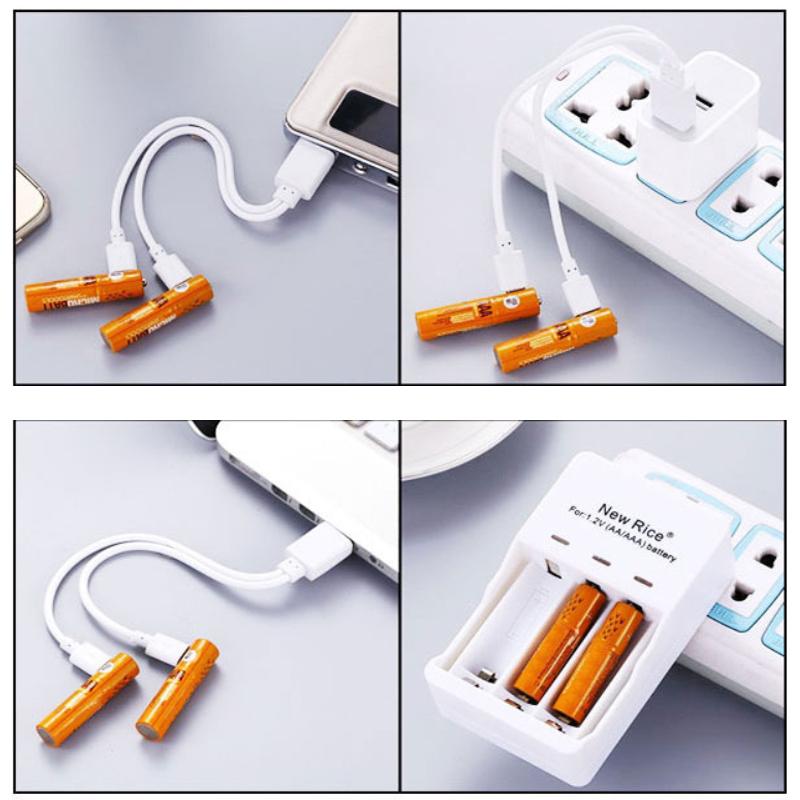 ECO Recharge 4 Pack AA and AAA USB rechargeable batteries with charging cable, showcasing eco-friendly design.