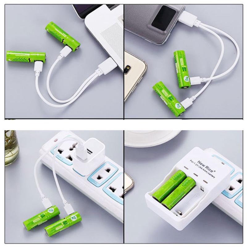 ECO Recharge 4 Pack AA and AAA USB rechargeable batteries with charging cable, showcasing eco-friendly design.