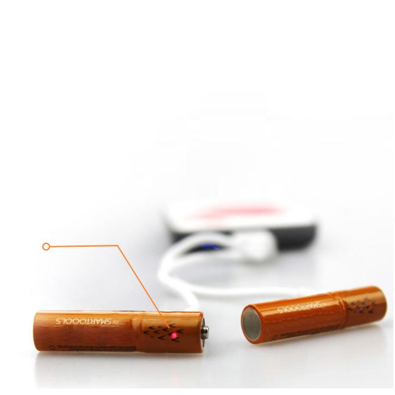 ECO Recharge 4 Pack AA and AAA USB rechargeable batteries with charging cable, showcasing eco-friendly design.