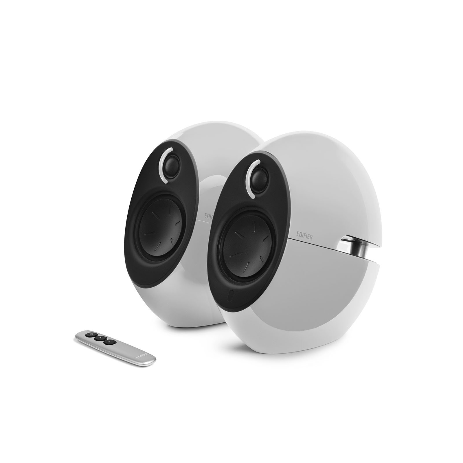 Edifier E25HD LUNA HD Bluetooth Speakers in white, showcasing sleek design and touch-sensitive controls.