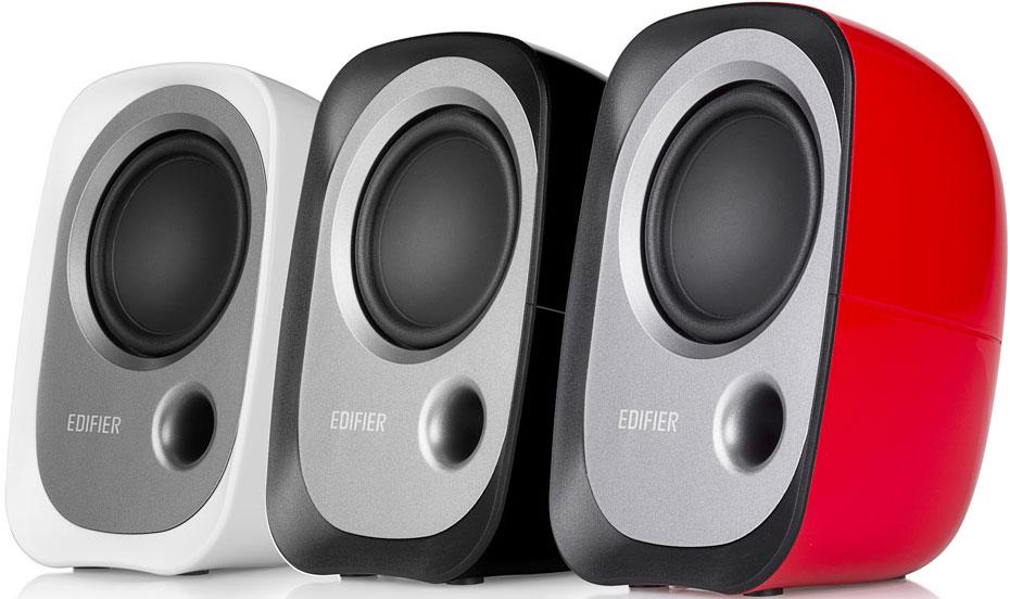 Edifier R12U USB Compact 2.0 Multimedia Speakers in red, showcasing sleek design and connectivity options.