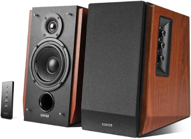 EDIFIER R1700BT Bluetooth bookshelf speakers in brown, showcasing a stylish design and compact remote control.