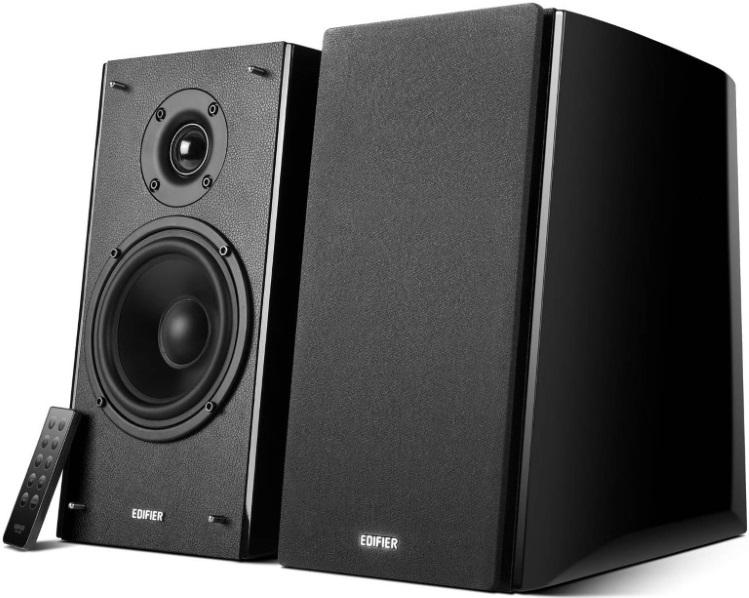 EDIFIER R2000DB Powered Bluetooth Bookshelf Speakers in Black with high-gloss finish and multiple input options.