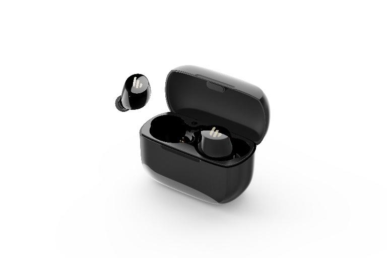 Edifier TWS1 Bluetooth Wireless Earbuds in black, showcasing their sleek design and ergonomic shape.