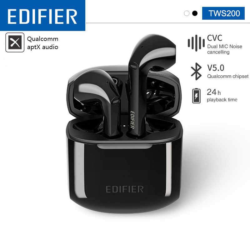 Edifier TWS200 Wireless Earbuds in a sleek design, showcasing Bluetooth 5.0 technology and a portable charging case.