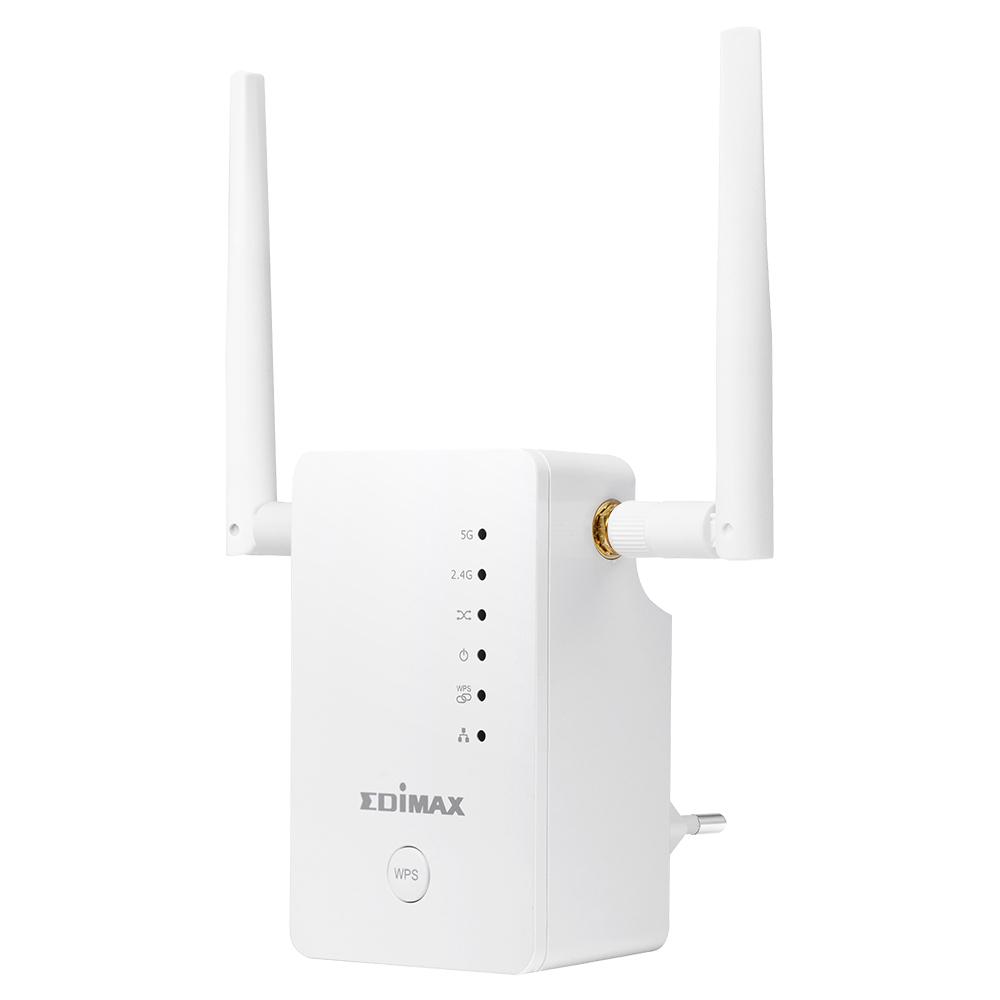 Edimax AC1200 Range Extender with dual-band Wi-Fi capabilities, featuring antennas and LED indicators.