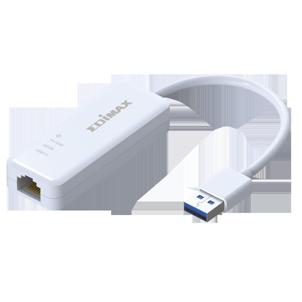 EDIMAX EU-4306 USB 3.0 Gigabit Ethernet Adapter with USB and RJ-45 ports, compact design for Ultrabooks.