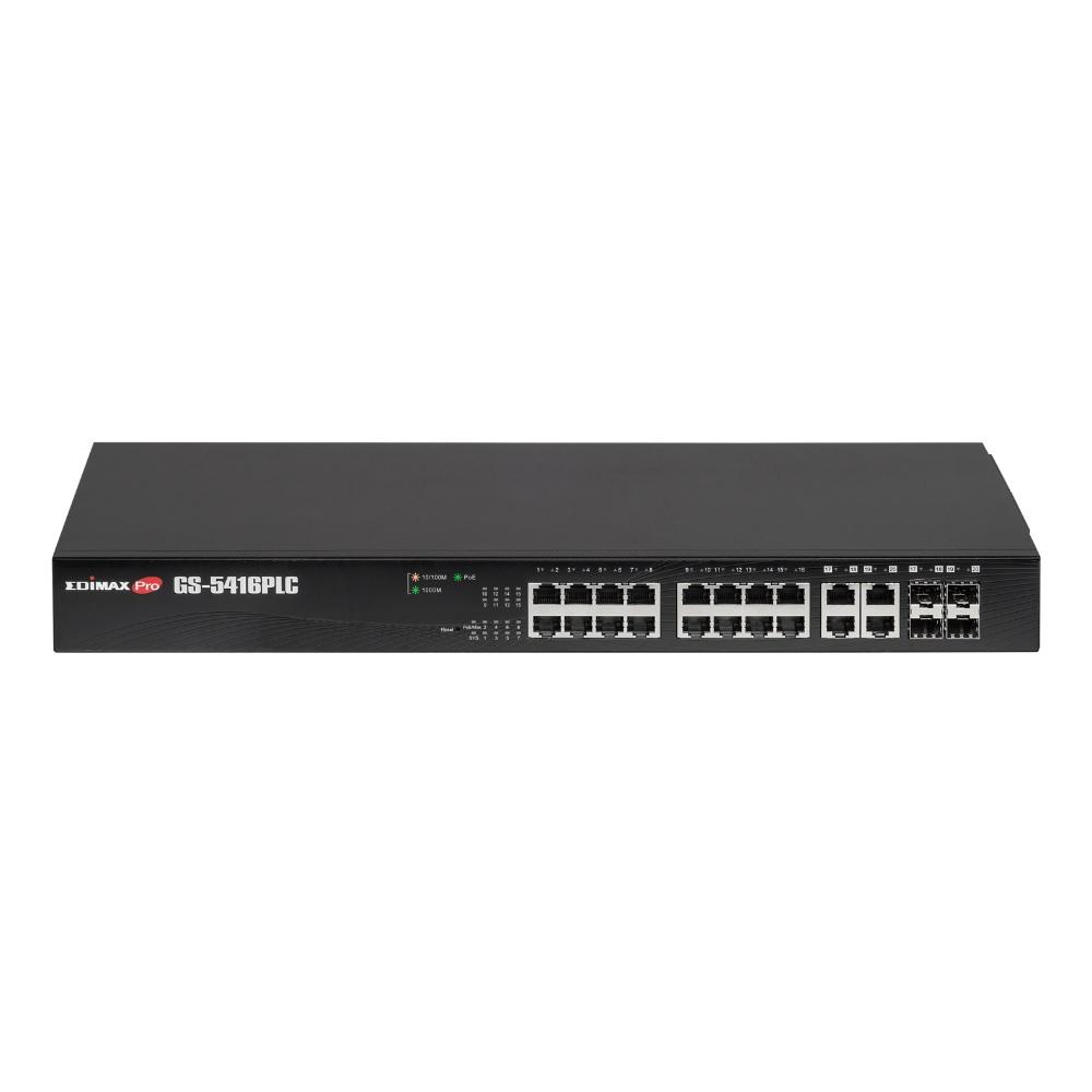 Edimax GS-5416PLC Long Range 16-Port Gigabit PoE+ Web Smart Switch with multiple ports and robust design.