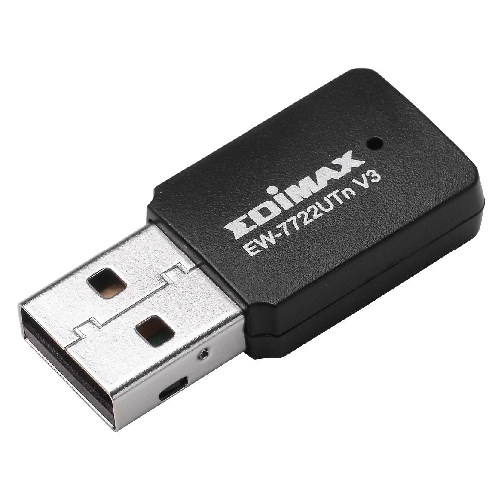 EDIMAX Wireless Mini USB Adapter EW-7722UTn V3, compact design with USB connector and WPS button.