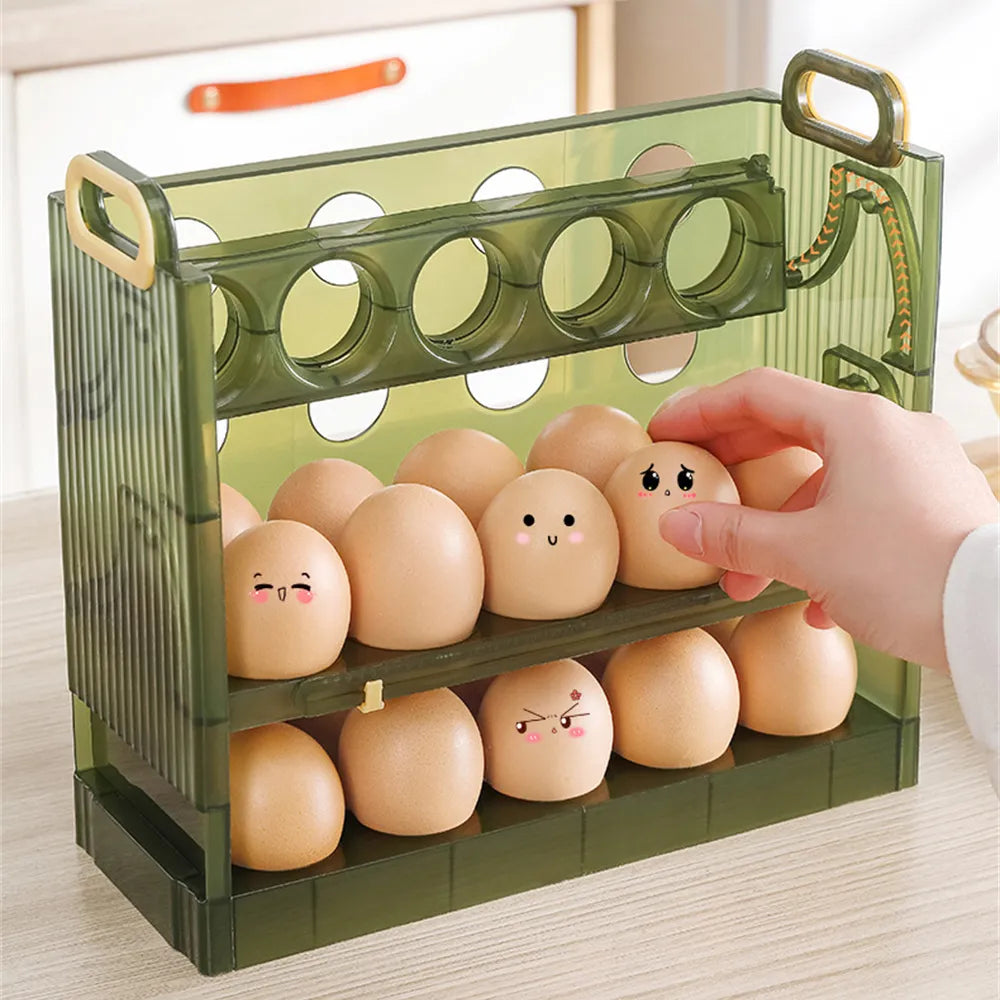 Multi-layer automatic rolling egg storage box made of durable plastic, designed for refrigerator use, featuring a classic style.
