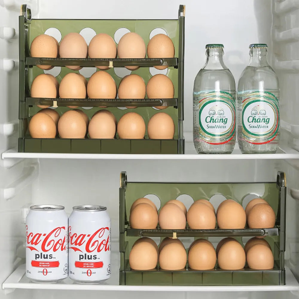Multi-layer automatic rolling egg storage box made of durable plastic, designed for refrigerator use, featuring a classic style.