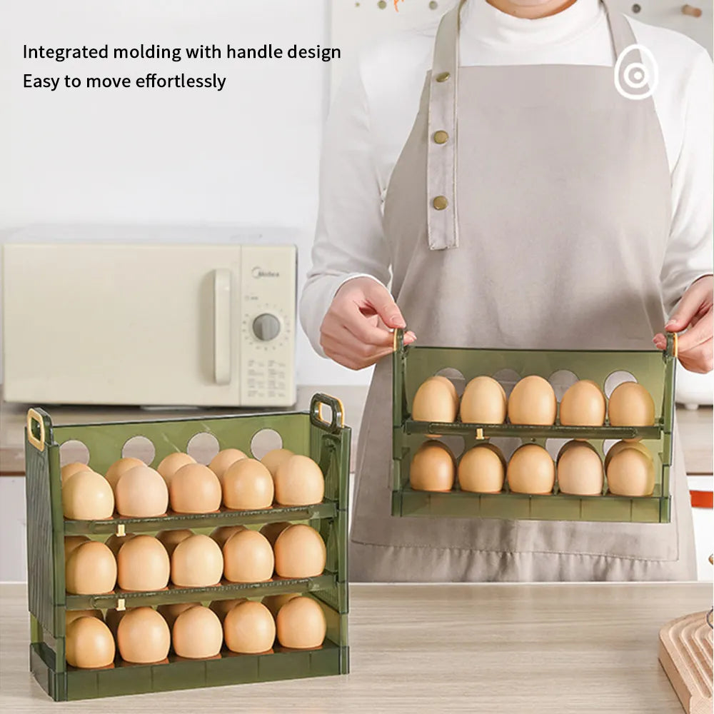 Multi-layer automatic rolling egg storage box made of durable plastic, designed for refrigerator use, featuring a classic style.