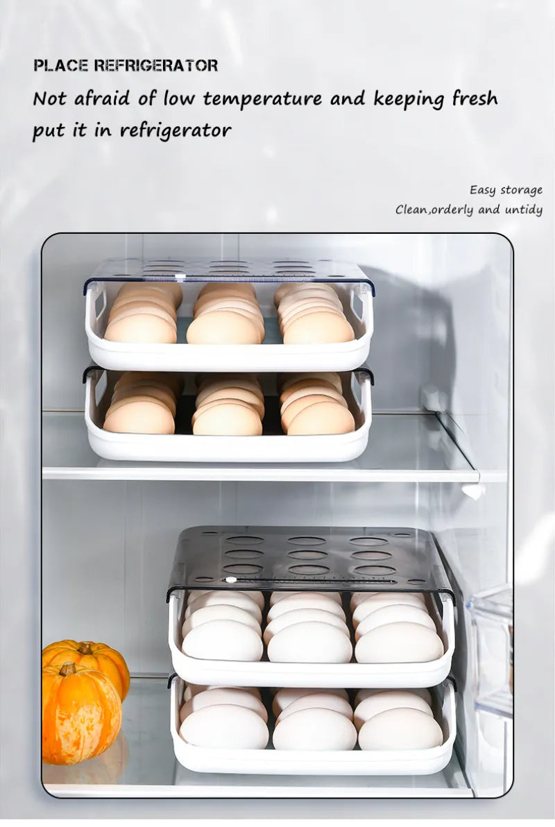 Multi-layer automatic rolling egg storage box made of durable plastic, designed for refrigerator use, featuring a classic style.