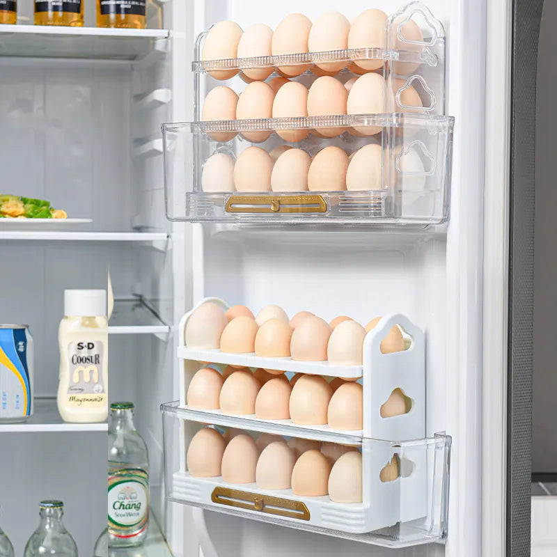 Multi-layer automatic rolling egg storage box made of durable plastic, designed for refrigerator use, featuring a classic style.