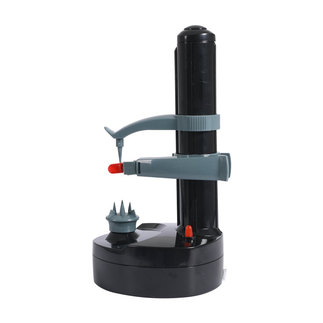 Electric Automatic Peeler in black color, designed for peeling various fruits and vegetables effortlessly, featuring a non-slip base and stainless steel blades.