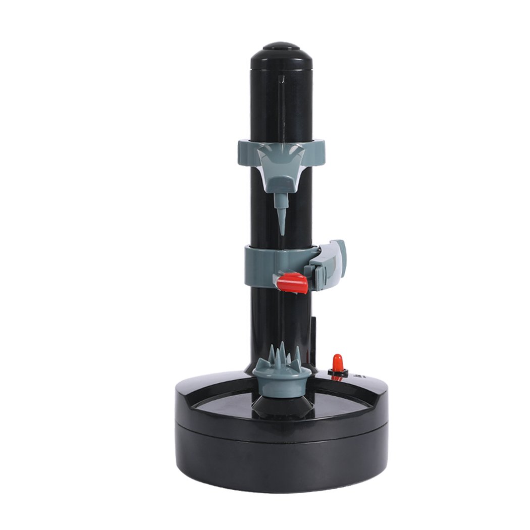 Electric Automatic Peeler in black color, designed for peeling various fruits and vegetables effortlessly, featuring a non-slip base and stainless steel blades.