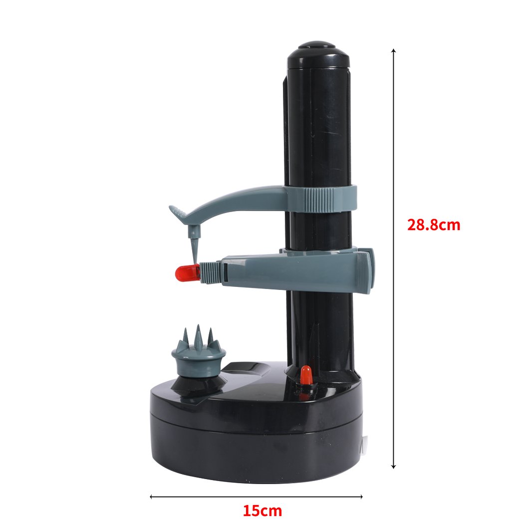 Electric Automatic Peeler in black color, designed for peeling various fruits and vegetables effortlessly, featuring a non-slip base and stainless steel blades.