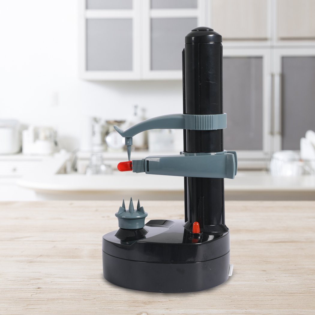 Electric Automatic Peeler in black color, designed for peeling various fruits and vegetables effortlessly, featuring a non-slip base and stainless steel blades.