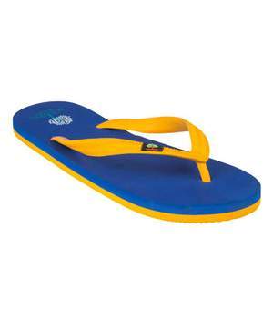 Electric Blue & Orange thongs made from natural rubber, showcasing vibrant colors and a comfortable design, perfect for casual wear.