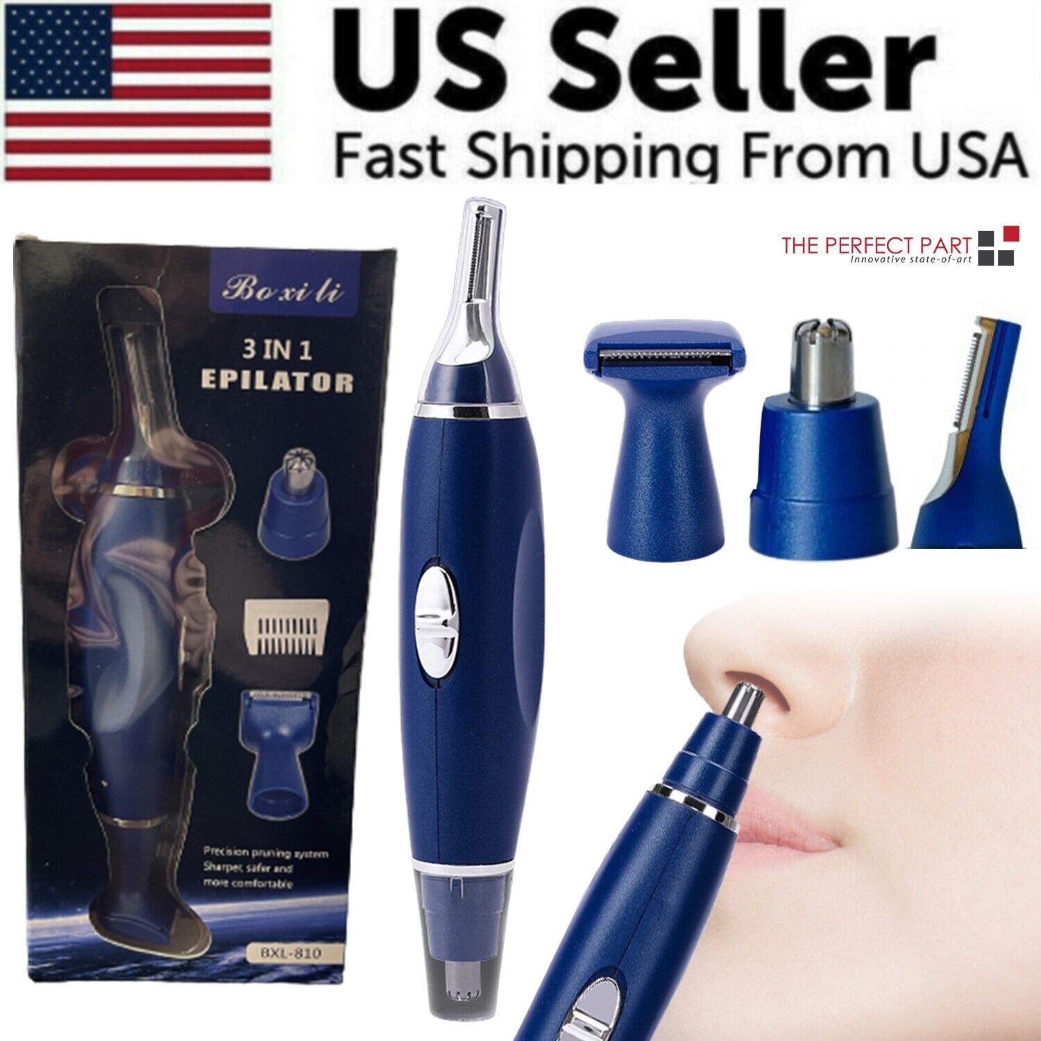 Electric Ear Beard Nose Hair Trimmer with three interchangeable heads for grooming nose, ear, and eyebrow hair.