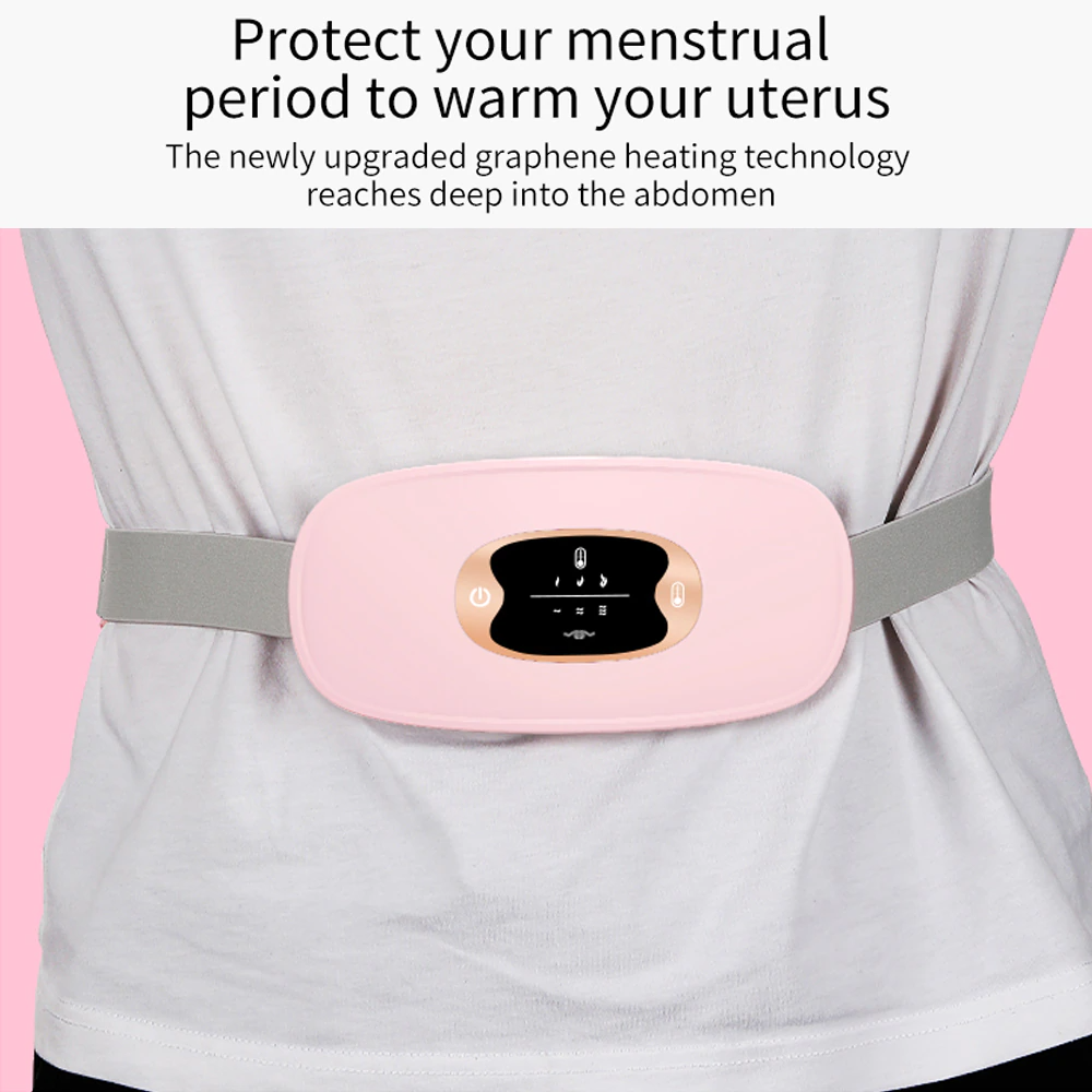 Electric Heating Menstrual Vibration Pad Belt designed for period pain relief, featuring adjustable waistband and USB charging.