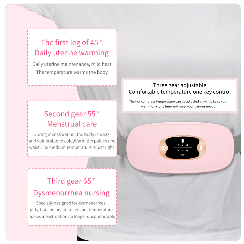 Electric Heating Menstrual Vibration Pad Belt designed for period pain relief, featuring adjustable waistband and USB charging.