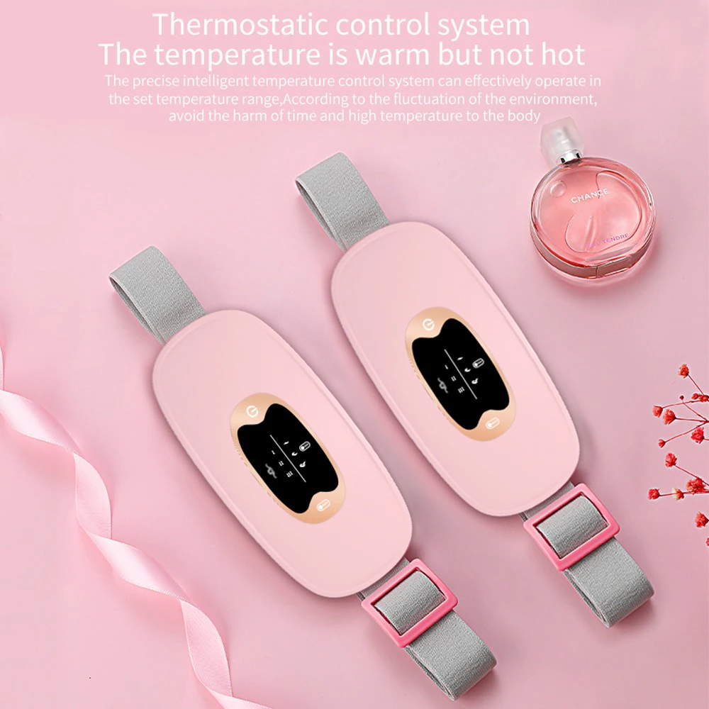 Electric Heating Menstrual Vibration Pad Belt designed for period pain relief, featuring adjustable waistband and USB charging.